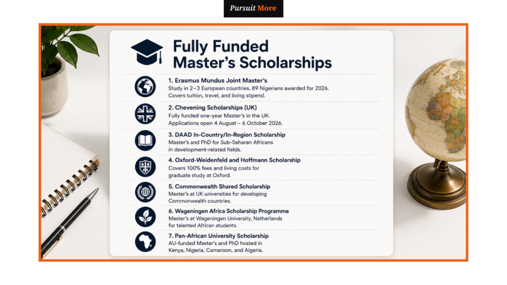 fully funded scholarships for African students 2026:
Fully Funded Master's Scholarships