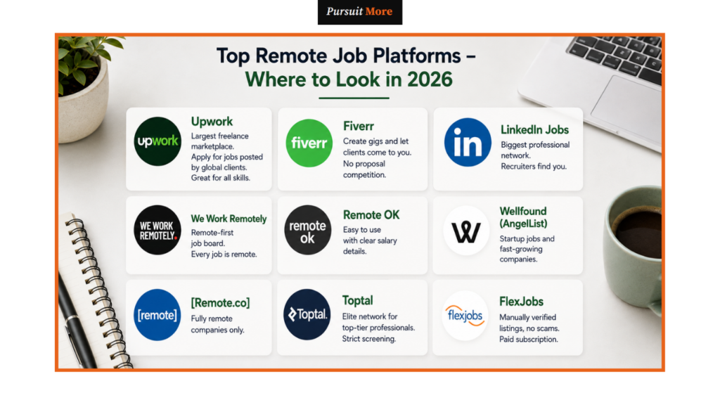Remote jobs in Nigeria platform grid highlighting top global job sites like Upwork, Fiverr, and Toptal.