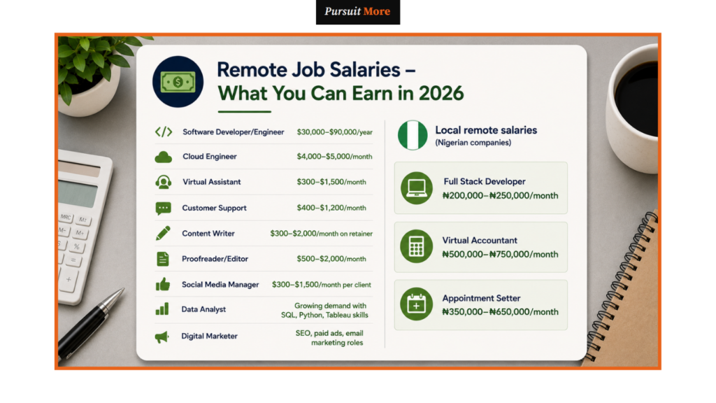 Remote jobs in Nigeria salary guide breaking down US dollar earnings for software engineers, content writers, and virtual assistants versus local pay rates.