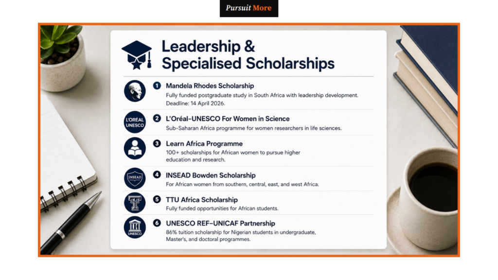 fully funded scholarships for African students 2026:
Leadership & Specialised Scholarships