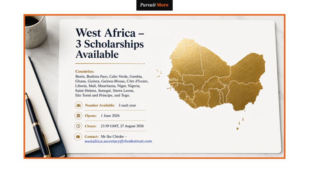 Rhodes Scholarship Africa 2026 West Africa map showing 3 available scholarships across Benin, Ghana, Nigeria, and regional countries.