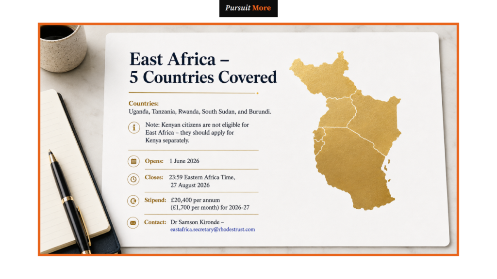 Rhodes Scholarship Africa 2026 East Africa guide detailing 5 covered countries and £20,400 stipend.