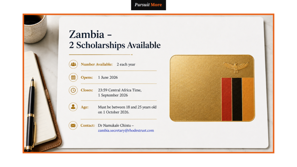Rhodes Scholarship Africa 2026 Zambia constituency card highlighting 2 available scholarships and age limits